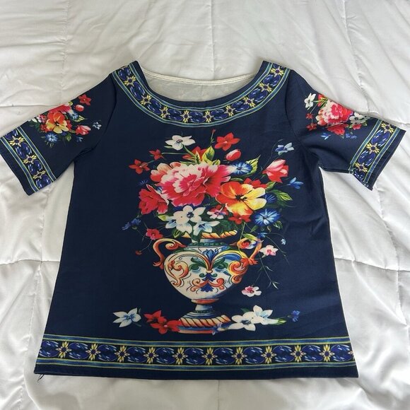 Unbranded Tops - Blue T Shirt Tee Blouse Womens Flowers Vase Round Neck Red